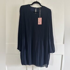 Quince Chiffon Pleated Long Sheer Sleeve Mini Dress Navy Medium NWT
